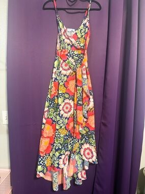 Floral Navy Wrap Maxi Dress with Coral Accents